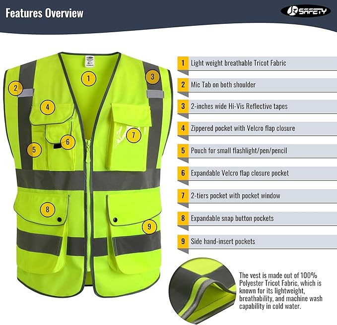 JKSafety 9 Pockets Class 2 High Visibility Zipper Front Safety Vest With Reflective Strips,Meets ANSI/ISEA Standard (Large, 150-Yellow)