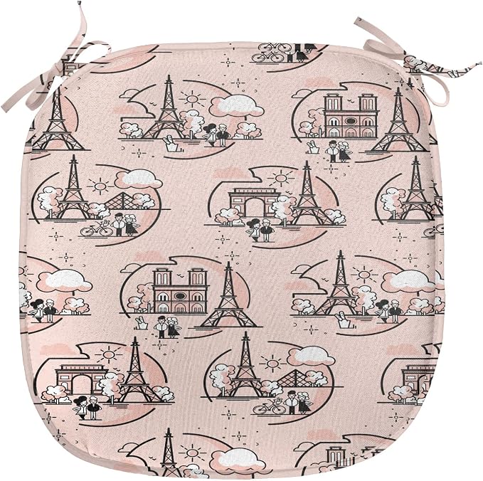 Lunarable Notre Dame Chair Seating Cushion Set of 4, Doodle Drawings of The Eiffel Tower Paris and a Couple, Anti-Slip Seat Padding for Kitchen & Patio, 16"x16", Blush Charcoal Grey