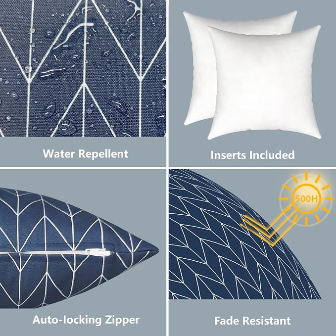 LVTXIII Outdoor Throw Pillows, Decorative Throw Pillows with Inserts, 16"x16" Square Pillows for Bed, Couch, Sofa and Patio Furniture, Set of 2, Herringbone Navy