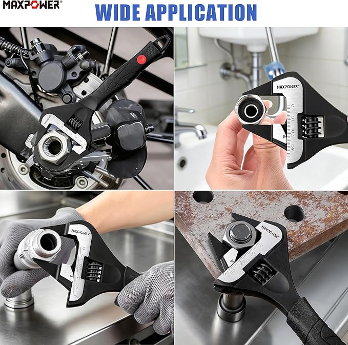 MAXPOWER Slim Jaw Adjustable Wrench Set, 8" 10" 12" Wide Jaw Opening Adjustable Wrench, Dual Scale with Metric and SAE, Deep Jaw with Soft Grip Handle, Jaw Capacity 36mm 50mm 60mm