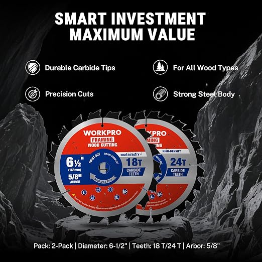 WORKPRO 6-1/2 Inch Woodworking Circular Saw Blades, 18T/24T Framing & Fast Ripping, Thin Kerf, Carbide Tipped, ATB Tooth, 2-Pack