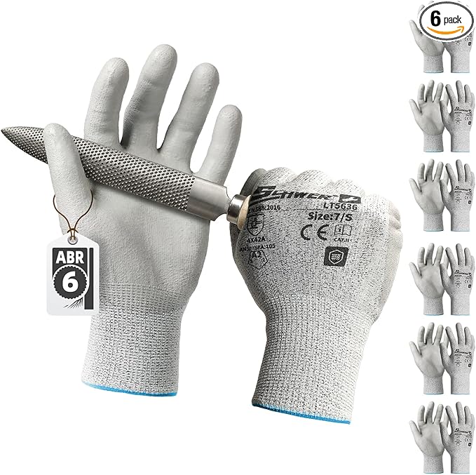 Schwer 6 Pairs Safety Work Gloves with Certified Level 6 Abrasion Resistance, ANSI A2 Cut Resistant Working Gloves with Grip for General Use, Construction, Gardening, Mechanic, 3D-Comfort, LT5636, S