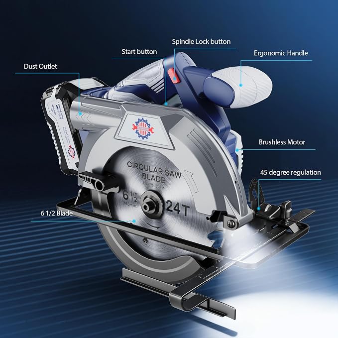 20V MAX Circular Saw, Cordless Sidewinder Style Portable Sierra Cicular, Battery Powered Circle Saws Cordless, 6-1/2-Inch Blade, 5600 RPM,