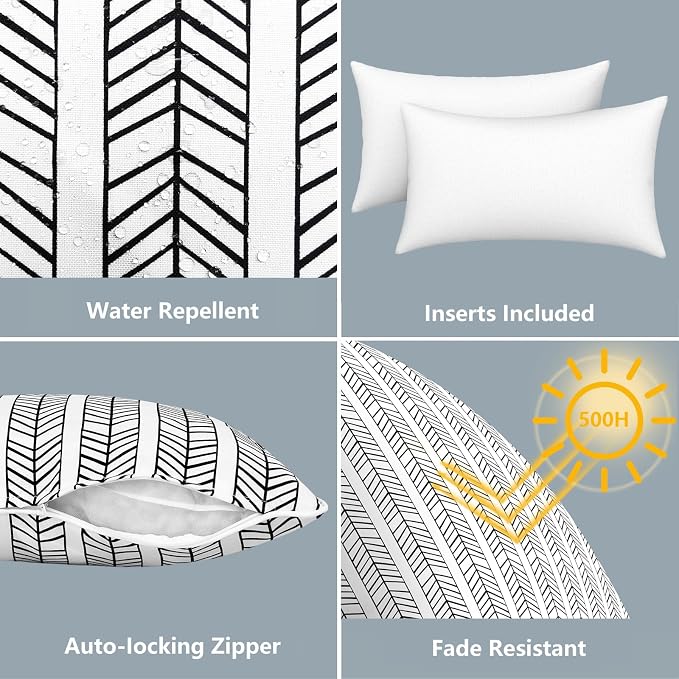 LVTXIII Set of 2 Outdoor Lumbar Pillows for Patio Furniture with White Piping, 12"x20" Fade Resistant Patio Lumbar Pillows with Inserts for Home Coach Sofa Use, Herringbone Black White