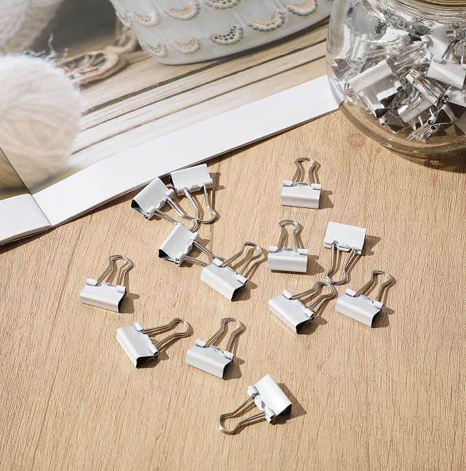 Jetec 200 Pack 0.6in/15mm White Metal Binder Clips Bulk Small Reusable Fold Back Binder Clips Paper Clamps Spring Steel Sturdy for Home Office School Supplies