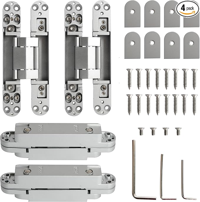 4-Pack 7 inch Silver Hidden Door Hinges,Heavy Duty Zinc Alloy Concealed Hinges, 180 Degree Invisible Hinge, 3 Way Adjustable Butt Hinge