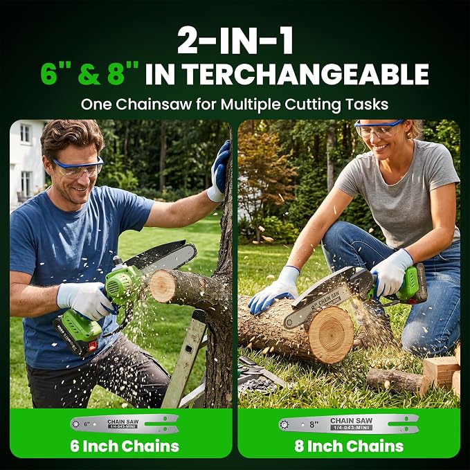 Mini Chainsaw Cordless, 8&6 IN Brushless Electric Chainsaw Battery Powered | 1000W Battery Powered Chainsaw with Auto Oiler & 2×2000mAh Batteries for Tree Branch Wood Cutting, Gift for Men Dad Husband