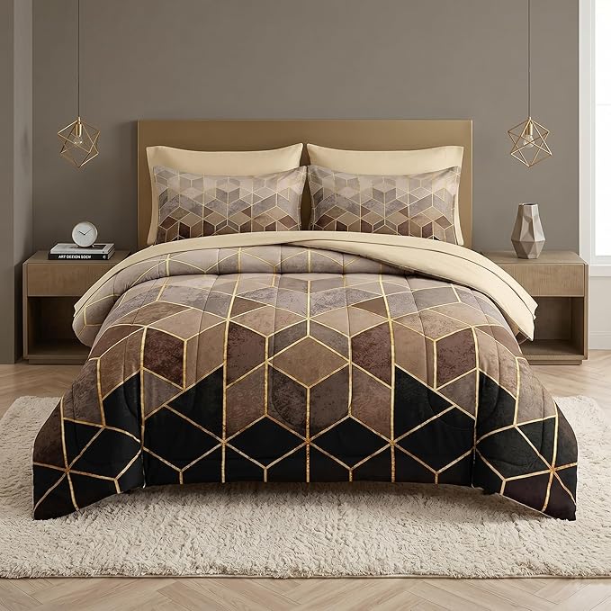 Nesker Comforter Set Full Size, Black Golden Gradient Cubic 7 Pcs Bedding for Kids and Adults, Brown Modern Geometric Bed Sheet Sets with Fitted Sheet 2 Pillowcases & 2 Shams