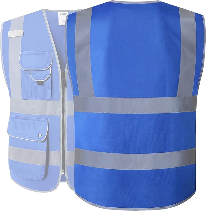 JKSafety 9 Pockets High Visibility Zipper Front Safety Vest With Reflective Strips Meets ANSI/ISEA Standard (150Blue-L)