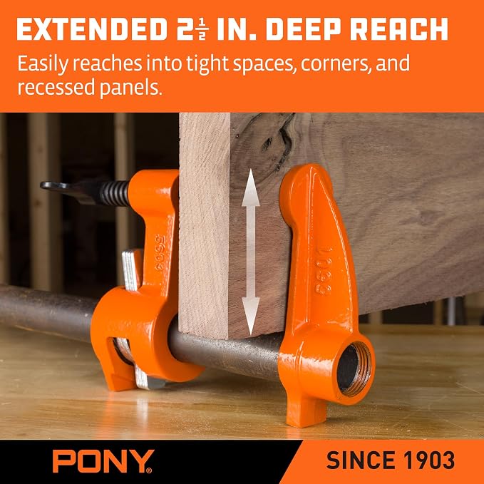 PONY Original Deep-Reach Pipe Clamp Fixture Set, 2 Pack 3/4″ Pipe Clamp Tools, 2.5″ Throat Depth, Reversible Spreader Heads, Multi-Disc Clutch for Woodworking, Carpentry, DIY