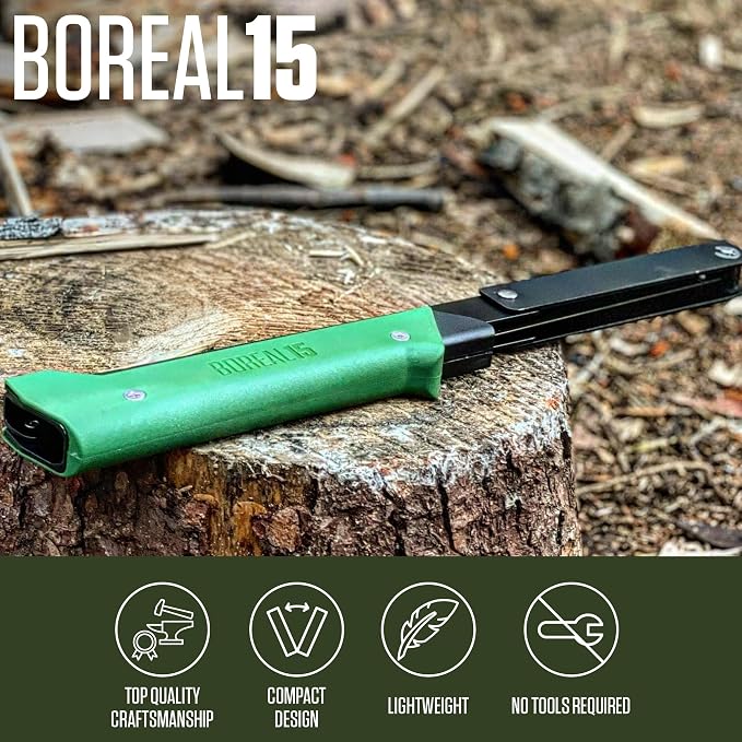 AGAWA - BOREAL15-15 Inch Folding Saw with All-Purpose Saw Blade - Camping Gear For Hiking, Fishing, Hunting, Bushcraft & Survival Kit (Black Frame/Green Handle)