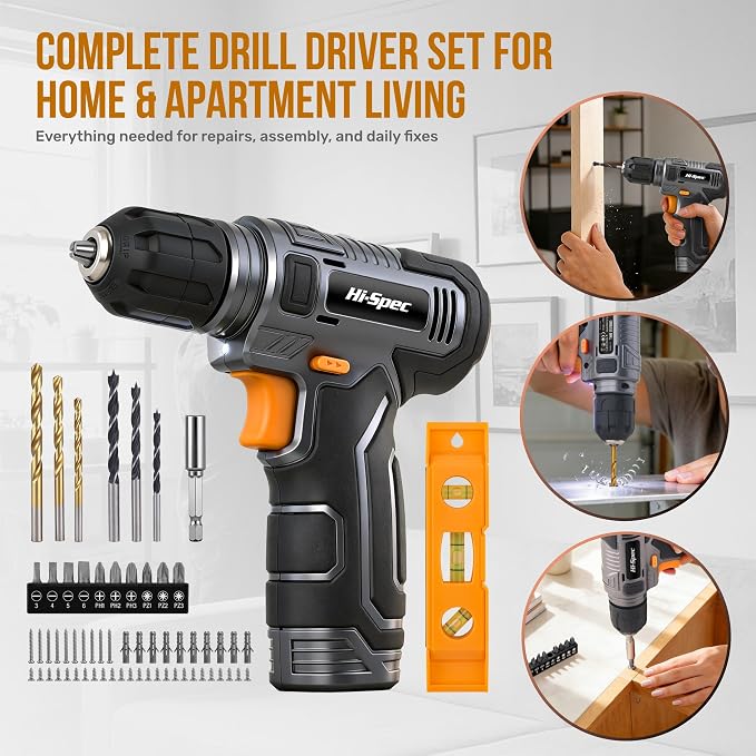 Hi-Spec 8V USB Power Drill Driver Screw Drill Bit Set. Cordless & Rechargeable Electric Drill Driver with Wall Hanging Kit,Gray