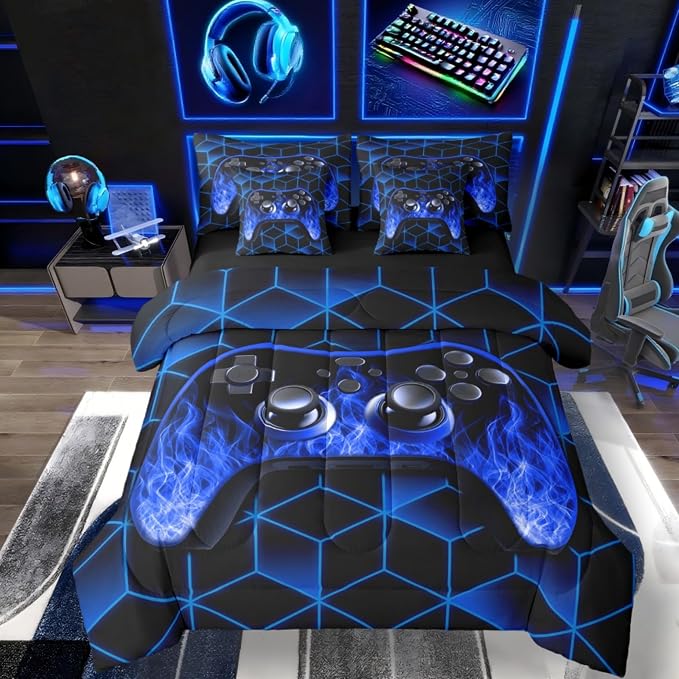 Gaming Consoles Bed in a Bag Queen Comforter Set 7 Piece,Neon Geometric Video Game Bedding Set3D Geometric,Gamer Sheet Set Blue Flame Bed Set,Gamer Decor for Boys Bedroom Decor Gamer Gifts