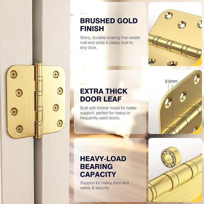 KOLET Ball Bearing Door Hinges, 4 x 4 Inches Brushed Gold Door Hinges, Heavy Duty Stainless Steel Hinges, 5/8'' Radius Corner, Smooth and Quiet, Non Removable Pin, Brushed Gold, 3 Pack