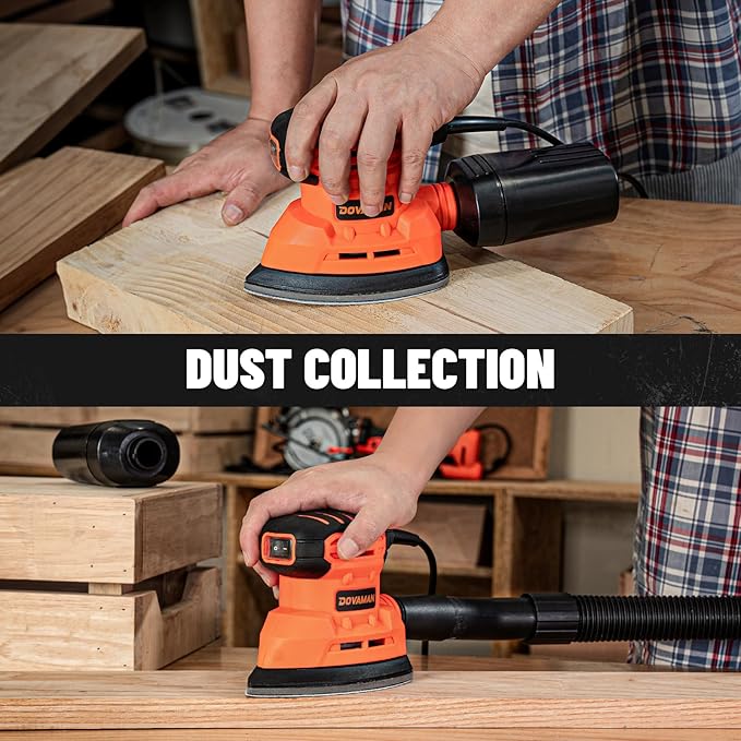 DOVAMAN 130W Detail Sander, 12000RPM Palm Sander Tool, Dust Collection System, 12PCS Sandpaper, Compact Hand Tool for Wood Steel Surfaces