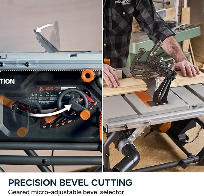 Evolution R10TBLX 10" Jobsite Table Saw with Wheeled Stand | Zero-Clearance Throat Plate | Dado Plate Included | 15A Motor | 26” Rip | 3-3/8” Cut | 0-45° Bevel | Precision Fence | Heavy Duty Portable