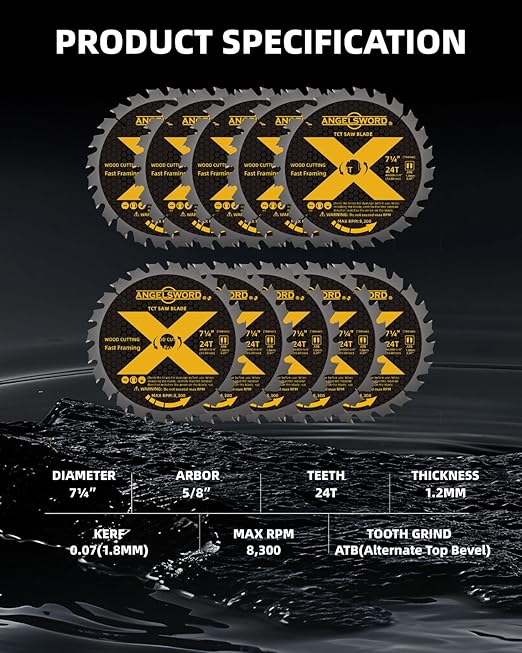 ANGELSWORD 7-1/4 Inch Circular Saw Blade for Framing, Fast Wood Cutting, 24T, 10 Pack