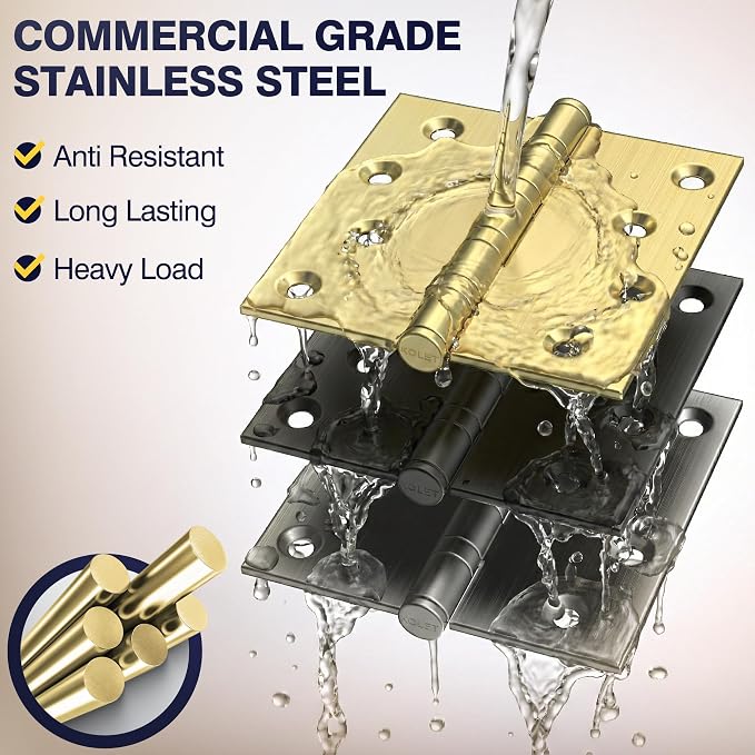 KOLET Ball Bearing Brushed Gold Door Hinges, 4 x 4 Inches Brass Gold Door Hinges, Square Corner, Stainless Steel Hinges, Heavy Duty, Smooth and Non Removable Pin, Brushed Gold, 3 Pack