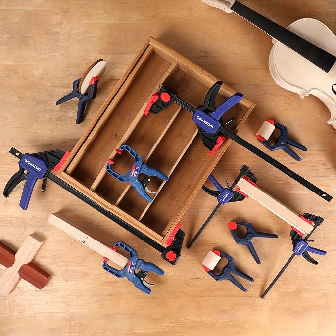 WORKPRO 10-Pack Clamps for Woodworking, 12" & 6" Bar Clamps, 2 Quick-Release Ratcheting Wood Clamps and 4 Spring Clamps, Light Duty F Clamps/Spreader 150 LBS Load Limit