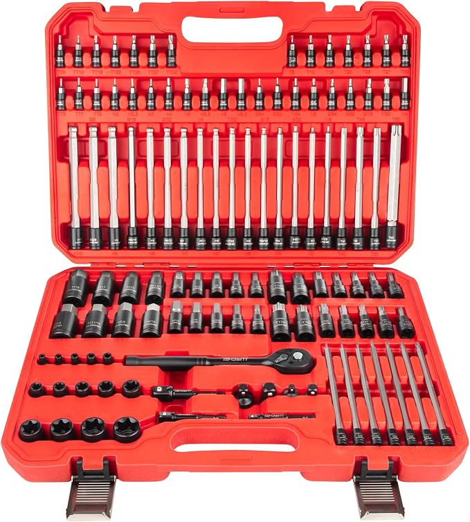 LLNDEI 115Pc Torx & Allen Bit Socket Set 1/4 3/8 1/2" Drive | Extra Long & Tamper Proof Torx, Hex & Ball Hex, S2 Steel, SAE/Metric, Ratchet & Adapters, for Auto, Machinery & Industrial