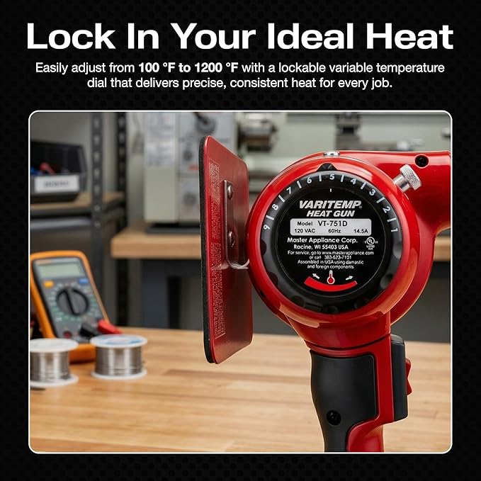 Master Appliance VT-751D Industrial Heat Gun, Quick Change Plug-In Heating Element, Variable Temperature Heat Gun, 130F to 1200F, 120V, 1740W, 14.5 Amps, Engineered In USA