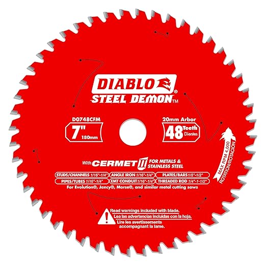Diablo Steel Demon Cermet II Saw Blade for Medium Metal - 7" Diameter, 48 TCG Teeth, 20mm Arbor, .075" Kerf, 0° Hook Angle, .063" Plate, 4000 Max RPM - D0748CFM