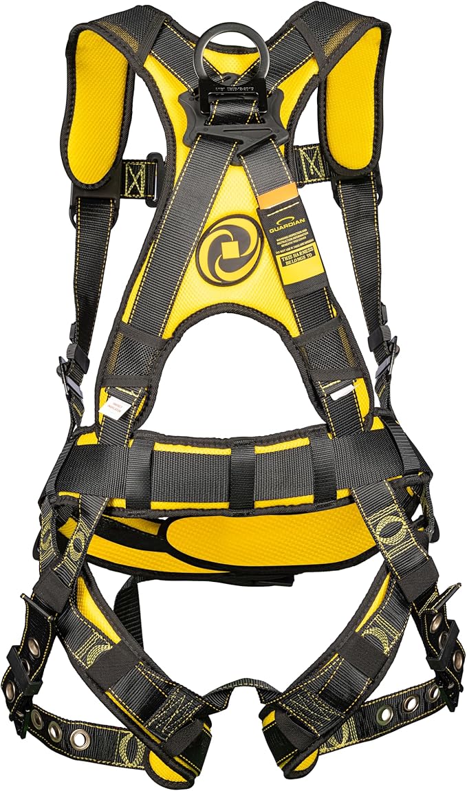 Guardian 21030 Cyclone Construction Harness with Waist Pad | Side D-Rings|OSHA & ANSI Compliant | Black/Yellow | M-L