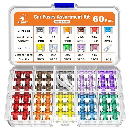 JOREST 60Pcs Car Fuse Kit - Replacement Fuses Assortment Kit for Car/RV/Truck/Motorcycle (2Amp 3A 5A 7.5A 10A 15A 20A 25A 30A 35A 40A) - Micro Blade Fuses Automotive + Auto Fuse Puller