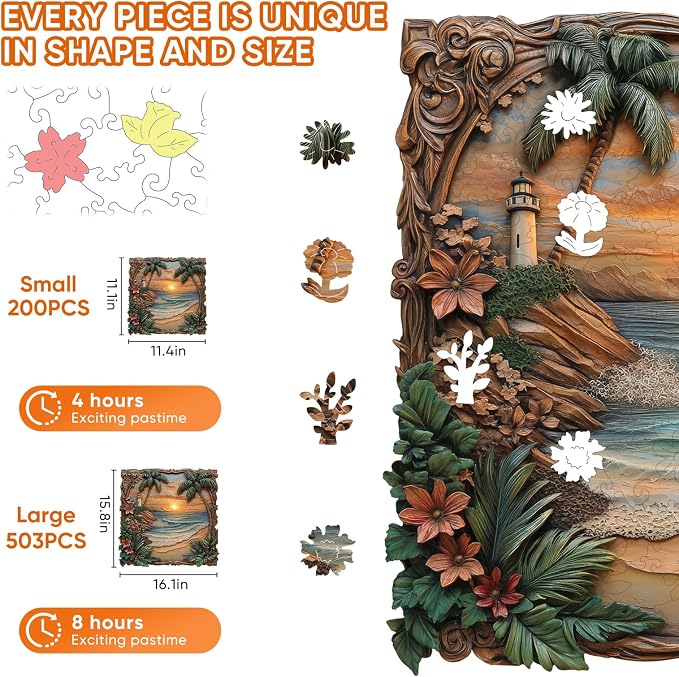 Pikoqunc Seaside Dusk Wooden Puzzles,503 Pieces16.1x15.8 Inches,Laser-Cut Art Jigsaw with Challenging Irregular Pieces,Relaxing Brain Teaser and Elegant Gift for Adults and Puzzle Lovers