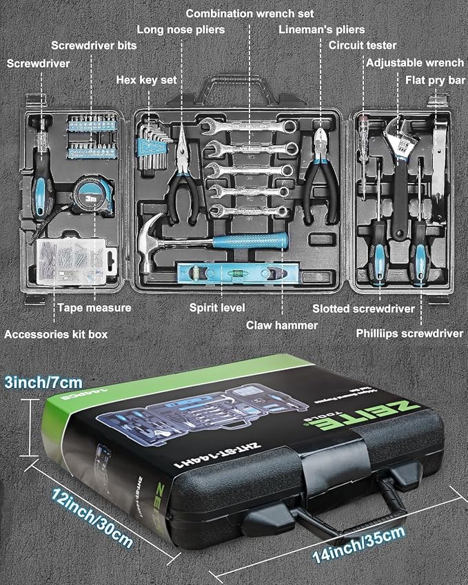 Zeite Tool Kit for Home, 144 Piece Hand Tool Set with Storage Box, General Basic Repair Tool Set with Hammer, Pliers, Wrenches, Voltage Tester, Measure Tape, Screwdriver Bits
