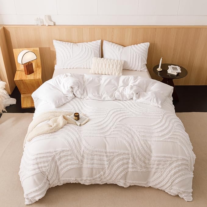 Nttopship Ivory Full Comforter Set - 7 Pieces Bed in a Bag, Premium Comforters Full Size Bed Set Tufted Shabby Chic Bedding Comforter Set with Flat Sheet, Fitted Sheet and Pillowcases,White