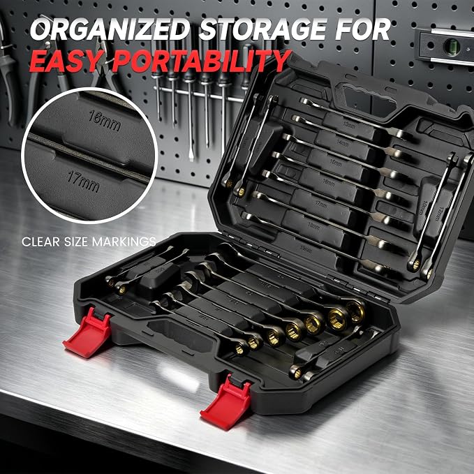 22-Piece Ratcheting Wrench Set, Metric 8-19mm & SAE 1/4-3/4" | Ratchet Combination Wrenches Set with Organizer Box,12 Points 72-Teeth,Nickel Plating