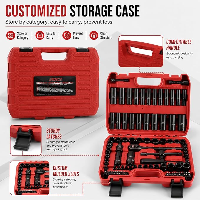 3/8” CR-V Steel Drive Impact Socket Set | 110-Piece Standard SAE(5/16 to 3/4-inch) Metric Size(8-22mm) with Ratchet Handle, Extension Bar, Universal Joint
