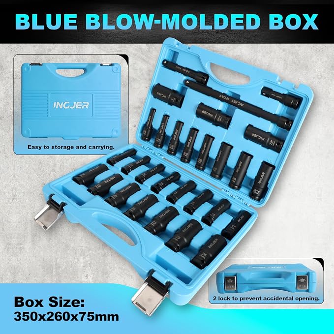 1/2" Impact Socket Set, 29PC Deep impact socket set, CR-MO SAE and Metric | 3/8-1" & 10-24mm ,6 Point, Standard & Deep Sockets with Extension Bars, High Torque, Ideal for Truck Bearing Locknut