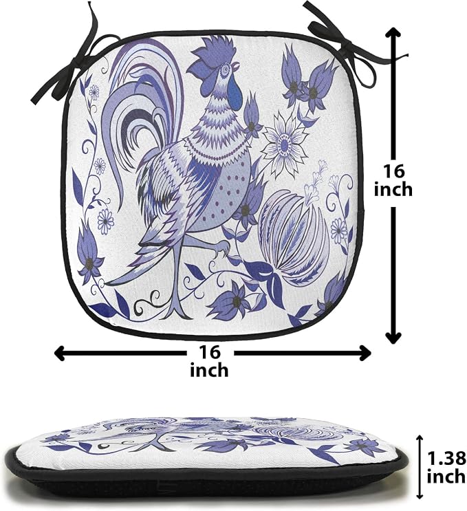 Lunarable Gallus Chair Cushion Pads Set 12, Floral Pattern with Flowers and Birds Feathers Wings Leaf Ornament Folk Art, Anti-Slip Seat Padding for Kitchen & Patio, 16"x16", Violet Blue White