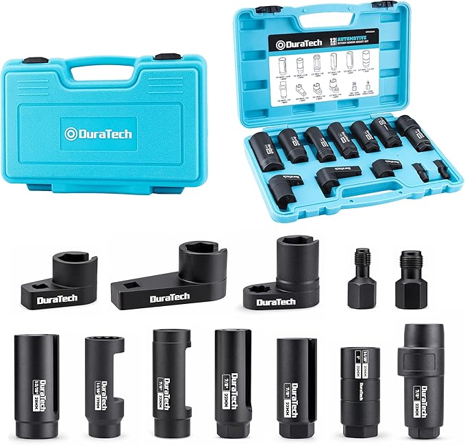 DuraTech 12-Piece Oxygen Sensor Socket Set, O2 Sensor Removal Tool Kit with with 22mm, 27mm, 29mm, 7/8" and 1-1/16" Sockets, 3/8" & 1/2" Drive, Thread Chasers, O2 Sensor Socket Set with Storage Case