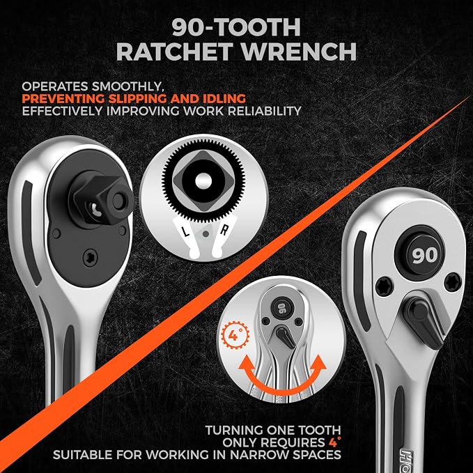 HORUSDY 1/4" Drive 90-Tooth Quick-Release Ratchet Handle with 1/4" to 3/8" Adapter, Reversible Thin Profile Socket Wrench, 4° Swing Arc, Ergonomic Anti-Slip Grip, Ideal for Auto, Bike & Home Repair