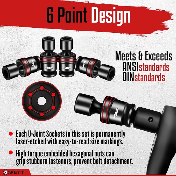 WETT 18-Piece 1/2" Drive Shallow Impact Universal Joint Socket Set, Metric Swivel Socket Set (10-24mm), Flexible Wobble Sockets with 3", 6" Extension Bar, Adapter, 6 Point