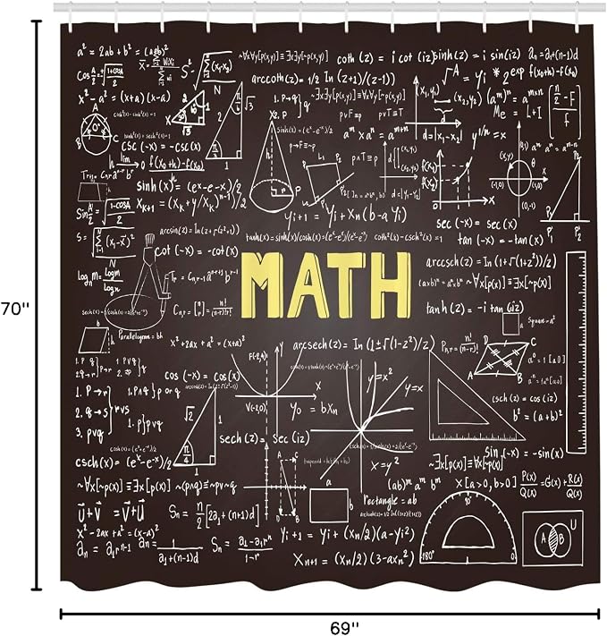 Mathematics Classroom Shower Curtain by Ambesonne, Dark Blackboard Backdrop with Math Equations Geometry Axis Art, Fabric Bathroom Decor Set with Hooks, 70 Inches, Army Green Yellow