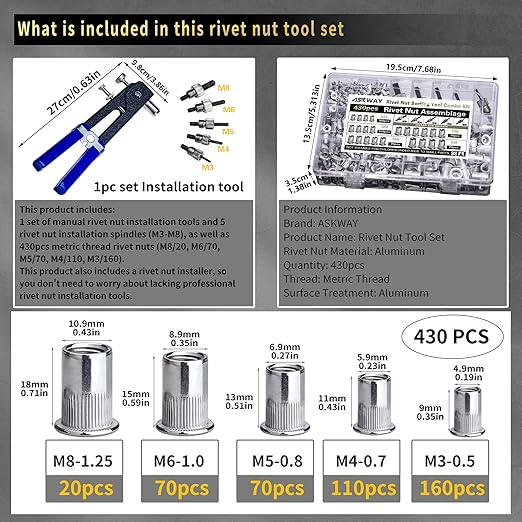 Pressure Rivet Nut Tool Kit, 430Pcs Aluminum Rivet Nut Combination (M8/M6/M5/M4/M3), Suitable for Furniture, Decoration, Automotive, Marine and Industrial Applications
