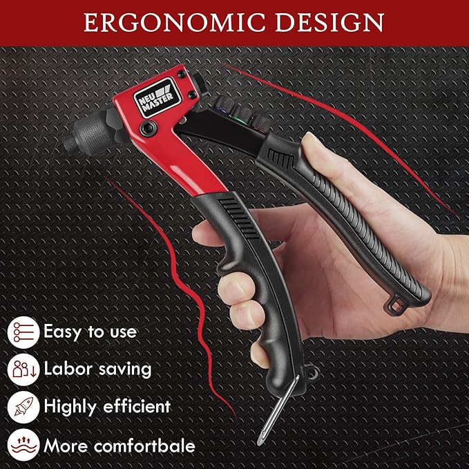 NEU MASTER Rivet Gun with 200Pcs Rivets, Manual Rivet Gun Kit with 4 Tool-Free Interchangeable Rivet Heads, BMC Case, Heavy Duty Single Hand Riveter for Plastic, Metal, Leather