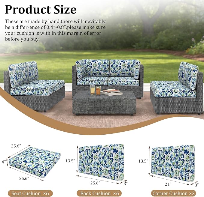14 Piece Outdoor Furniture Replacement Cushions, Cover+Filling, 25.6" x 25.6" x 4" Foam Waterproof Outdoor Sofa Cushion Sets, Fit Wicker Rattan Sectional Conversation Set,Flowers