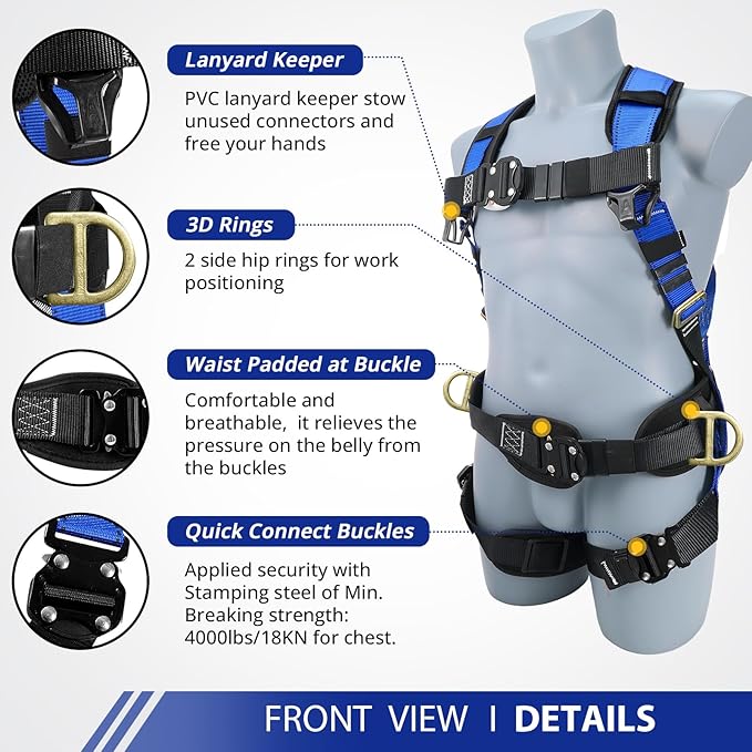 TRSMIMA Safety Harness Fall Protection - Harness Kit for Men Construction | Fall Arrest Roofing Harness Kit Men Full Body Harness with Lanyard for Work Upgrade 4 Quick Buckles Orange