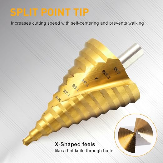 Spiral Groove Step Drill Bit, 12 Steps High-Speed Steel 1/4" to 2-3/8", Large Step Drill Bits for Cutting Holes in Iron Aluminum Copper Plastic Wood
