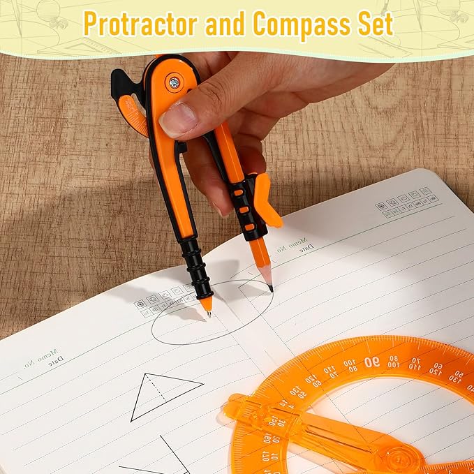 Zonon Student Protractor and Compass Set, Student Geometry Math Set Drawing Compass and 180 Degree 6 Inch Protractor with Swing Arm for Drawing Measuring School Office(Orange)