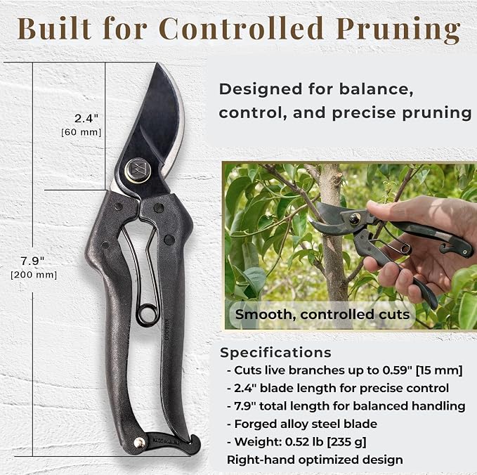 Wablade Japanese Pruning Shears Made in Japan, 7.9 Inch Bypass Hand Pruner for Live Branches up to 0.59 Inch, Forged Alloy Steel Blade Garden Shears for Clean, Controlled Cutting (Standard Model)