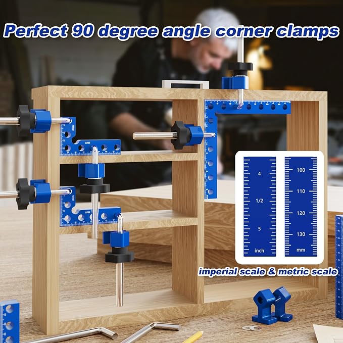 Corner Clamps for Woodworking, 8 Pcs 5.5"& 3.14" 90 Degree Aluminum Alloy Right Angle Clamp, Dual Scale Positioning Squares With Storage Box for Cabinets, Picture Frames, Drawers, For Man.(Blue).