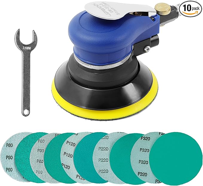 Air Random Orbital Sander by UPWOOD, Pneumatic Palm Sander With 10 Pcs Sandpapers for Auto Body Work, Woodworking (5 Inch)