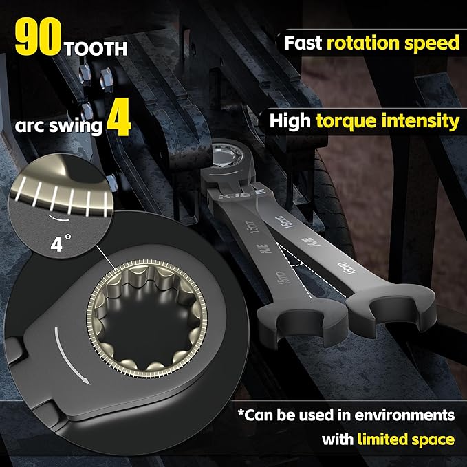 KJE 24PCS 90-Tooth 180° Flex-Head Ratcheting Wrench Set, Metric 8-19mm & SAE 1/4"-7/8", Combination Wrenches set, CR-V, Nickel Plating, with Organizer Bag, for Auto/Machine Repair
