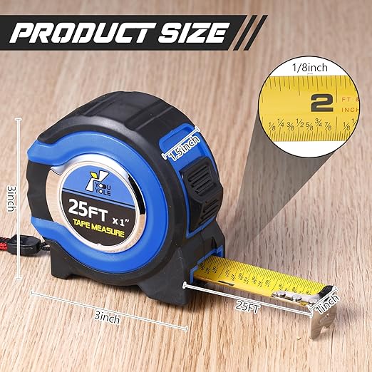 Youyole 20 Pack Tape Measure with Fractions 1/8 Steel Measuring Tape Retractable Easy Read Measurement Ruler Steel Power Blade (25 ft X 1 in,Blue)